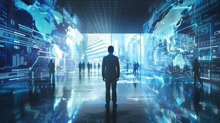 Futuristic Corporate Environment with Holographic Interface, Man in the Center. Digital Era, Technological Advancement. Virtual Space. AI