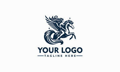 woman on horse wing vector logo beautiful woman with flowing hair flies sitting on a pegasus, a horse with wings