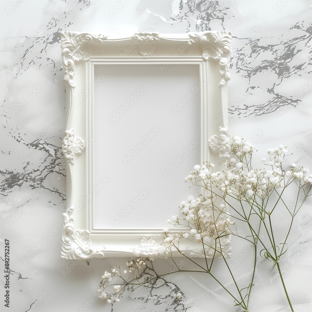 Poster a white picture frame with an empty space inside, sitting on top of a marble surface.