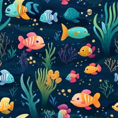 Under the sea seamless pattern with cute cartoon fishes. Vector illustration.