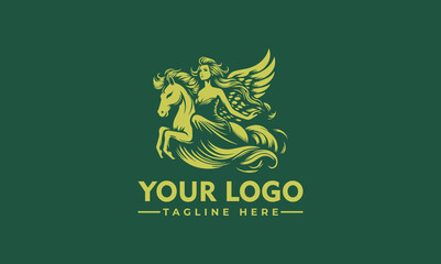 woman on horse wing vector logo beautiful woman with flowing hair flies sitting on a pegasus, a horse with wings