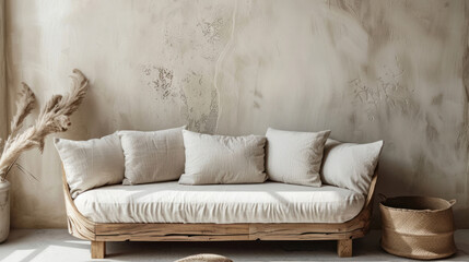 Round wooden sofa with beige pillows against stucco wall with copy space. Farmhouse country boho...