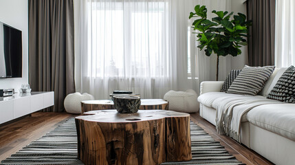 Tree stump coffee table near white sofa with grey knitted plaid near tv unit against window dressed with black and white curtains. Minimalist luxurious interior design of modern living room, home.