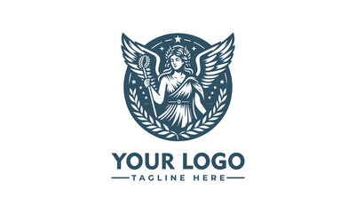 Goddess vector logo design shows the figure of the winged goddess Victoria with a wreath of the winner in her raised hand