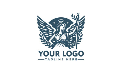 Goddess vector logo design shows the figure of the winged goddess Victoria with a wreath of the winner in her raised hand
