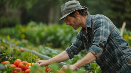 farmer inspecting organic produce on a small-scale sustainable farm, showcasing the benefits of supporting local agriculture and reducing reliance on industrial farming practices.