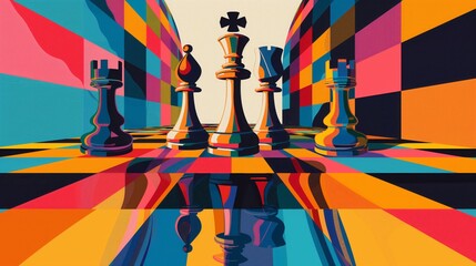 Chess tournament poster with colorful checkered board. Bright, geometric flyer design. Abstract