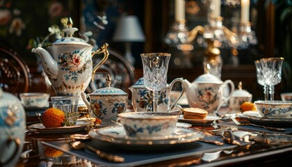 Depict an elegant dining table set with fine china and crystal glasses, showcasing the artistry of gourmet cuisine