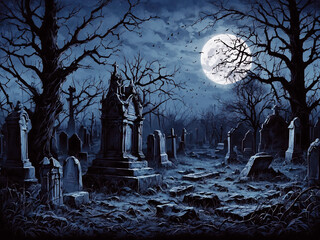 Illustration of a desolate moonlit cemetery, AI Generative