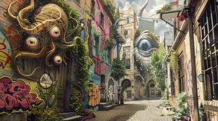 Illustrate a city alley where ordinary graffiti leaps off the walls, transforming into whimsical creatures beckoning the viewer into a hidden realm of magic and mystery