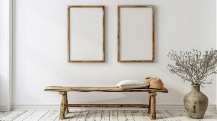 Wooden rustic bench near white wall with two frames. Farmhouse, country, boho interior design of modern home entryway, hall.