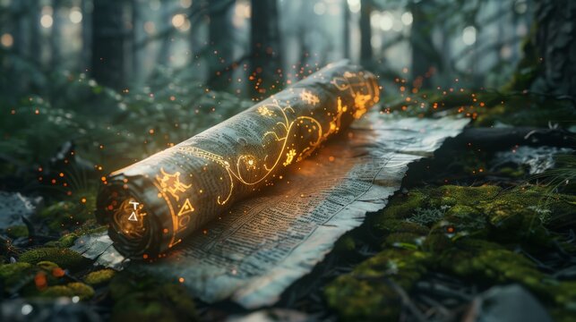 The image shows a glowing log lying on a forest floor. The log is covered in strange symbols.
