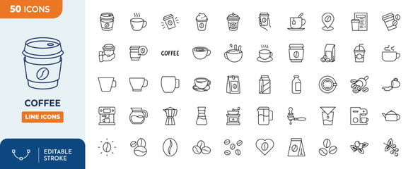 Coffee line editable icon set. Containing coffee, mug, coffee cup, coffee machine, coffee beans, etc. Editable stroke. Vector illustration	