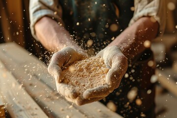 Closeup of skilled carpenter shaking sawdust off hands in workshop