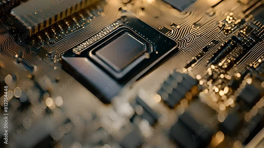 Poster close up of computer chip on circuit board generative ai