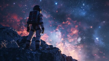 An astronaut stands on a rocky surface