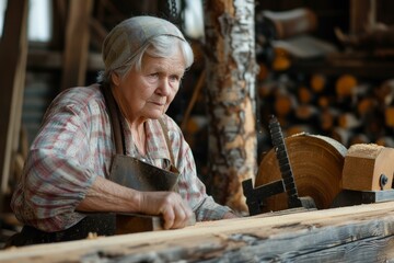 Senior woman focused on woodworking with a saw in a rustic workshop