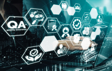 Quality Assurance and Quality Control Concept - Modern graphic interface showing certified standard...