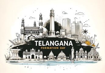 Illustration celebrating telangana formation day with famous landmarks of telangana.