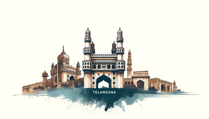 Illustration in watercolor style for telangana formation day with iconic monuments.