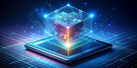 Digital technology laptop, programming technique, rhombus cube projector 3D graphics, projector, blue tones and pulses internet