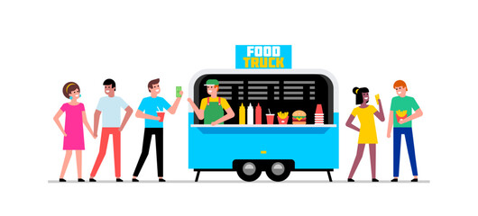 Food Truck. Kiosk vendor. People walking and buying snacks. Street food truck. Side view