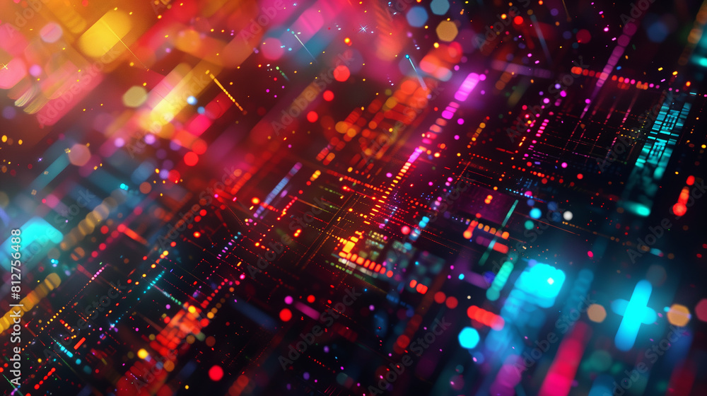 Poster a colorful image of a cityscape with many bright lights and dots. the image is abstract and has a fu