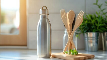 reusable stainless steel water bottle and eco-friendly bamboo utensils, emphasizing the importance...