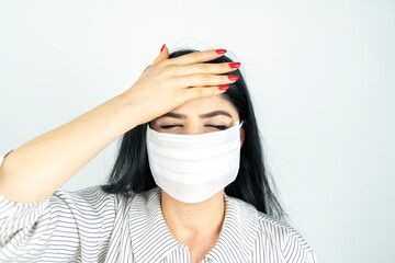 Young woman with surgical mask on face against SARS-CoV-2. COVID-19 Pandemic Coronavirus Young girl...