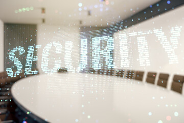 Virtual cyber security creative concept on a modern furnished office background. Double exposure