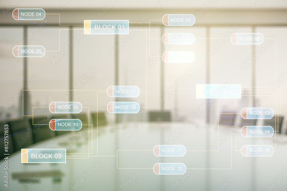 Poster double exposure of abstract programming language interface on a modern meeting room background, rese
