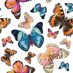 Cute butterflies hand drawn watercolor seamless pattern. Animalistic design raster texture. Beautiful  creatures wallpaper design