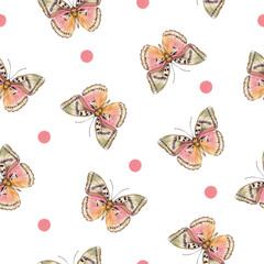 Cute butterflies hand drawn watercolor seamless pattern. Animalistic design raster texture. Beautiful  creatures wallpaper design