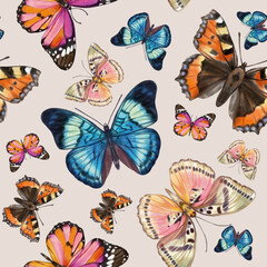 Cute butterflies hand drawn watercolor seamless pattern. Animalistic design raster texture. Beautiful  creatures wallpaper design