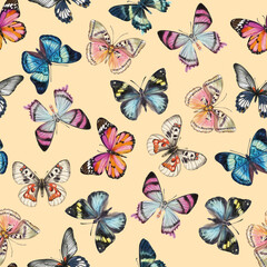 Cute butterflies hand drawn watercolor seamless pattern. Animalistic design raster texture. Beautiful  creatures wallpaper design
