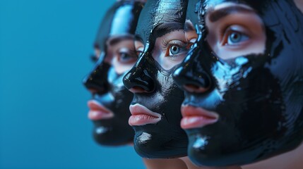 Close-up of three women's faces with black skincare masks