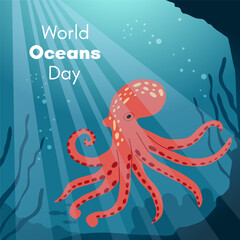 World Oceans Day. Greeting card, banner, social media post template. Sea background with octopus. 