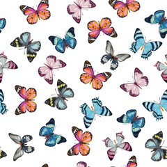 Cute butterflies hand drawn watercolor seamless pattern. Animalistic design raster texture. Beautiful  creatures wallpaper design