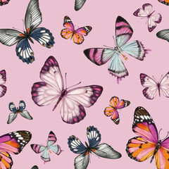 Cute butterflies hand drawn watercolor seamless pattern. Animalistic design raster texture. Beautiful  creatures wallpaper design