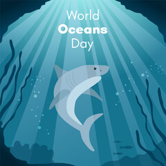 World Oceans Day. Greeting card, banner, social media post template. Sea background with shark. 