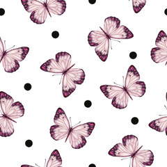 Cute butterflies hand drawn watercolor seamless pattern. Animalistic design raster texture. Beautiful  creatures wallpaper design
