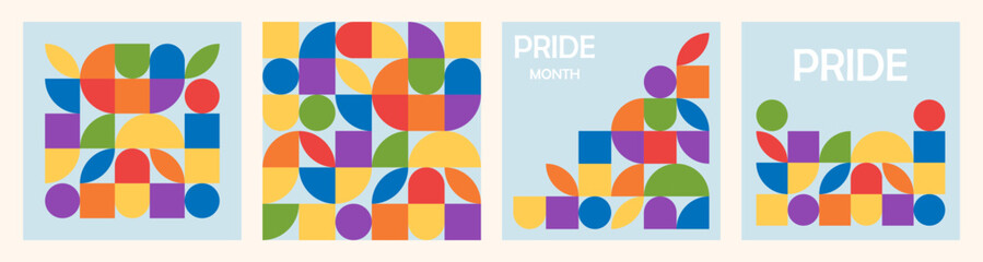 Vector set of geometric cards for LGBTQ Pride Month. Poster with LGBT rainbow flag, heart and love. Social media