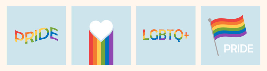 Vector set of greeting cards for LGBTQ Pride Month. Poster with LGBT rainbow flag, heart and love. Gay parade. Flat style Illustration.