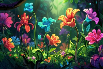 Naklejka premium Vibrant and magical enchanted forest flower scene digital illustration with colorful blooming flora, lush foliage, and whimsical fairy tale garden artwork background