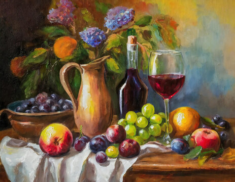 Still life with a bottle of red wine, a glass of wine, earthenware vase and fruits on a table. oil painting on canvas