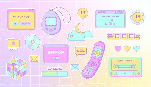 Y2K patches set. Trendy girly sticker collection. Funky, hipster illustration. 1990s, 1980s, 2000s style. 