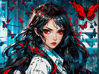 Anime Style Illustration of a Portrait of a Girl With Red Eyes Surrounded by Butterflies, AI Generative