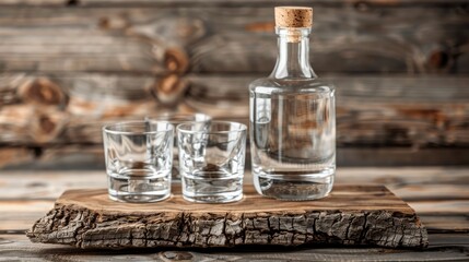 Vodka bottle with shot glasses on the Board. On wooden background.