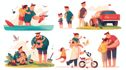 A set of flat vector posters with a father and son