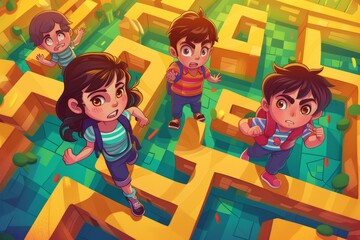 Bright illustration of animated kids working together to navigate a vibrant maze